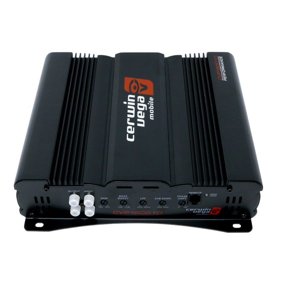 The CVP Series 1-Channel Class AB Amplifier (Model: CVP1600.1D) by Cerwin Vega is a black rectangular unit with grooved sides for heat dissipation, featuring the 