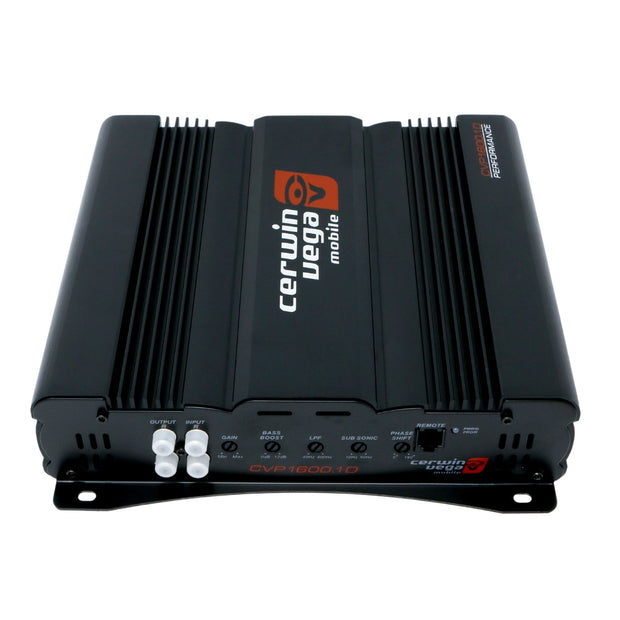The CVP Series 1-Channel Class AB Amplifier (Model: CVP1600.1D) by Cerwin Vega is a black rectangular unit with grooved sides for heat dissipation, featuring the "Cerwin Vega Mobile" logo in white and red, and includes various input, output, and control ports labeled in white.