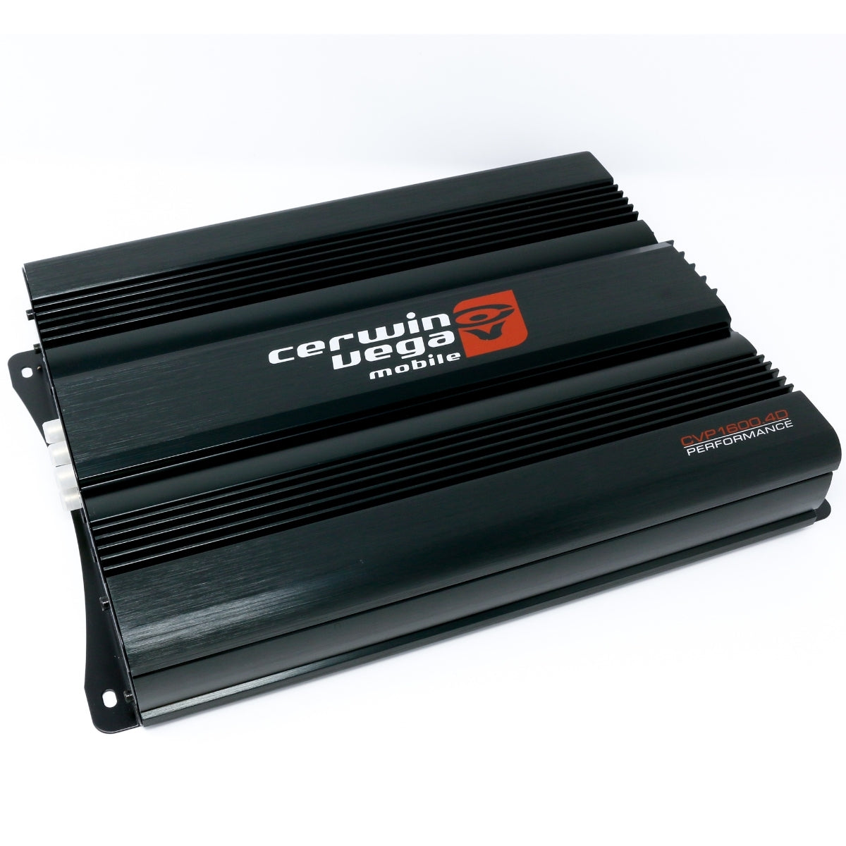 The sleek black CVP Series 4-Channel Full Range Class AB Amplifier (CVP1600.4D) by Cerwin Vega features extreme bass, precision engineering with 