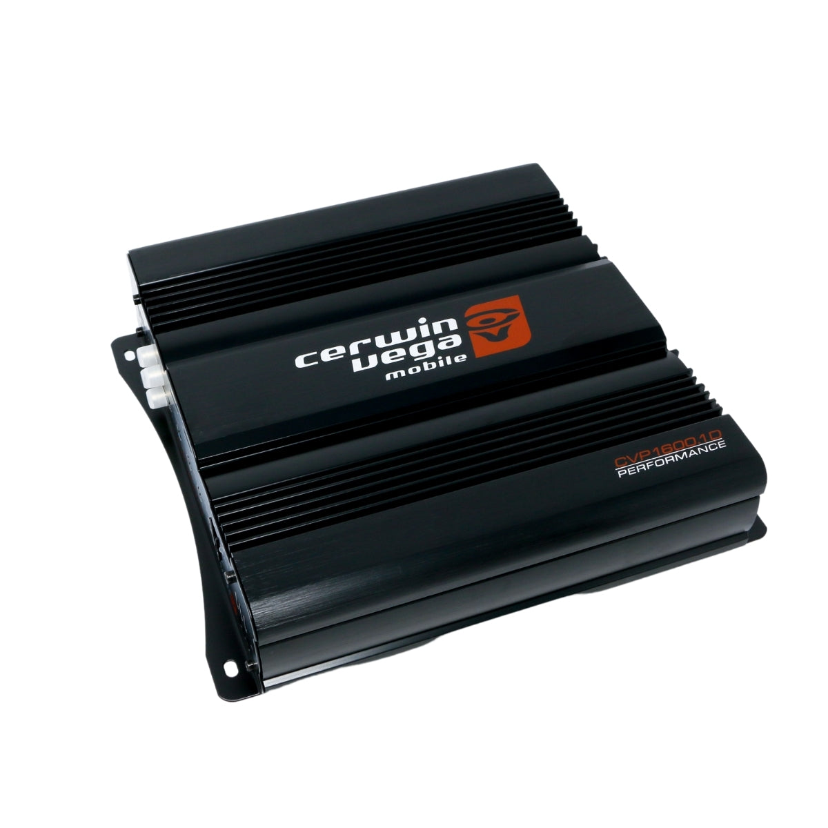 The Cerwin Vega CVP1600.1D is a black 1-Channel Class AB mobile amplifier, with a ridged design, red logo, and cooling fins. It prominently features 