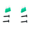 Two green blade fuses and four black screws are precisely arranged on a white background. The fuses sit side by side at the top, with the screws in two vertical rows below, ready to power Cerwin Vega's CVP Series 4-Channel Full Range Class AB Amplifier - CVP1600.4D for extreme bass.