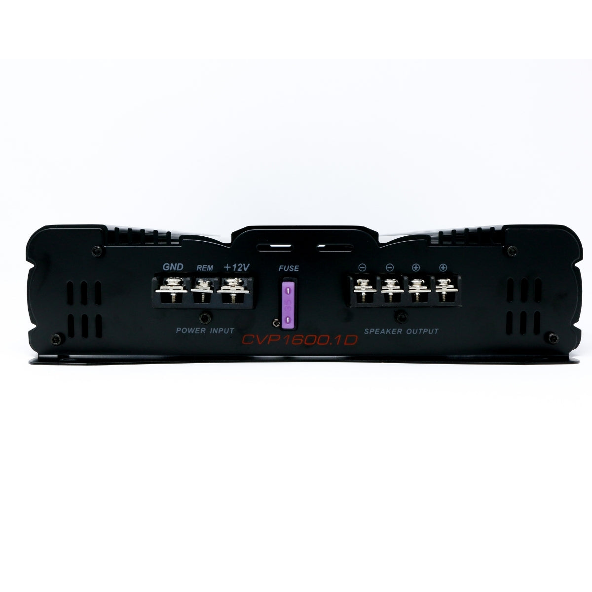 The Cerwin Vega CVP Series 1-Channel Class AB Amplifier (CVP1600.1D) sports a sleek black rectangular design with 