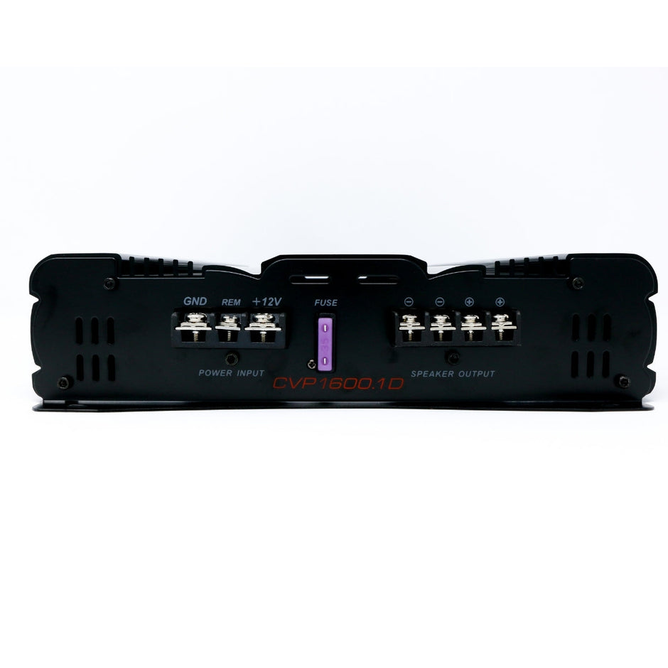 The Cerwin Vega CVP Series 1-Channel Class AB Amplifier (CVP1600.1D) sports a sleek black rectangular design with 