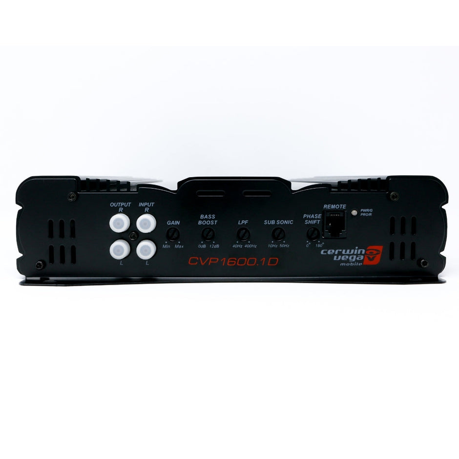 The CVP1600.1D from Cerwin Vega's CVP Series is a 1-channel Class AB amplifier with a sleek black exterior, featuring front controls for gain, bass boost, LPF, and subsonic. It has white knobs and connectors on the left side with 