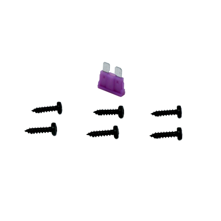 Five screws and one purple fuse from the Cerwin Vega CVP Series 1-Channel Class AB Amplifier (CVP1600.1D) are arranged on a white background, with the fuse above the middle screws, featuring two metallic prongs. This setup is essential for delivering extreme bass.