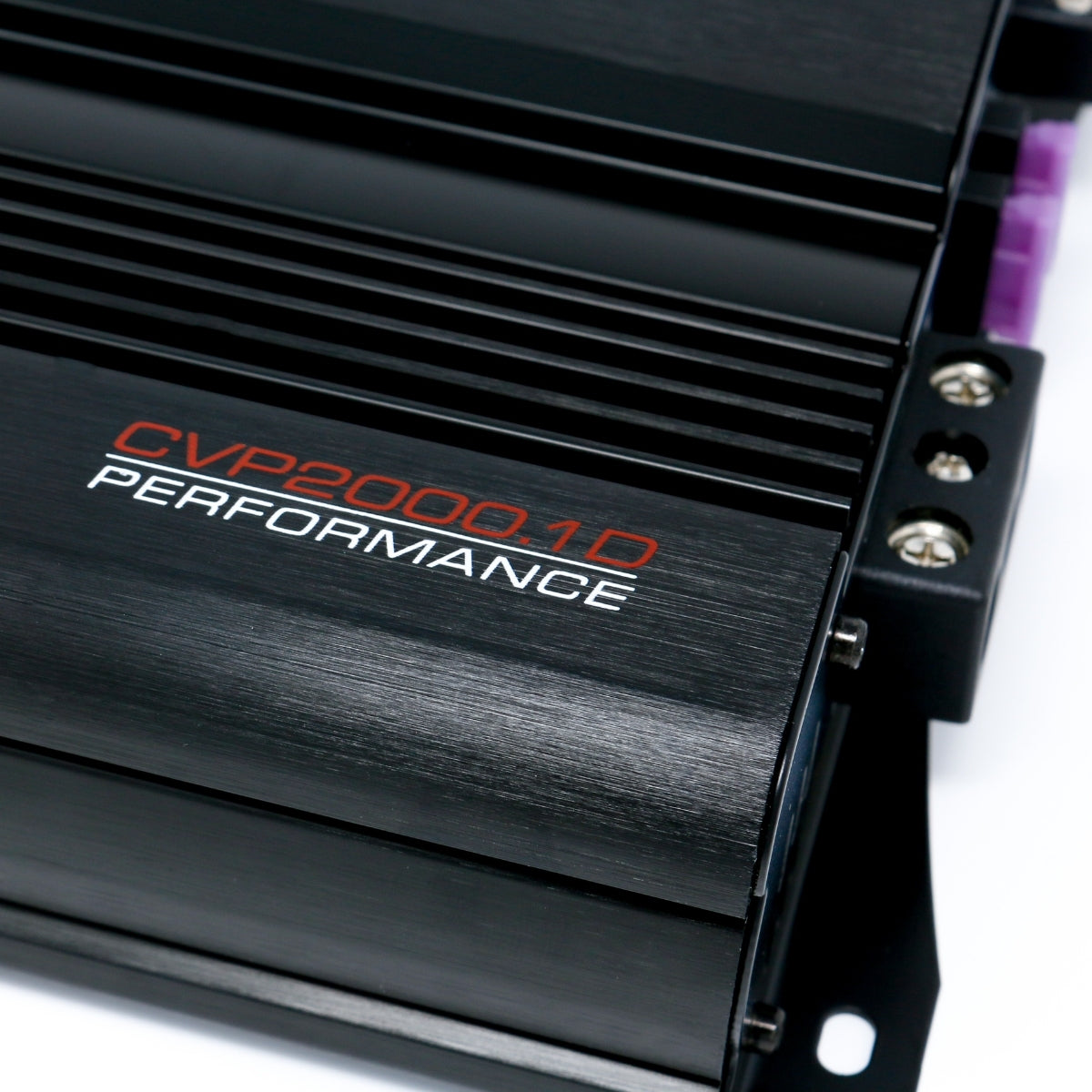 The CVP Series CVP2000.1D is a black metal amplifier with a sleek, ridged design, featuring 