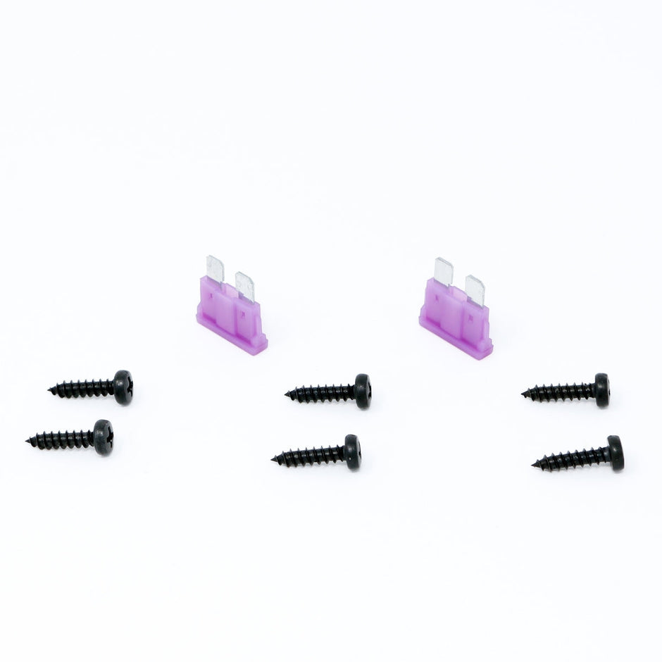 Two purple rectangular blade fuses and six black screws are neatly arranged on a plain white background. Ideal for optimizing the CVP Series 1-Channel Class AB Amplifier - CVP2000.1D, the fuses have vertically oriented prongs, while screws are aligned in two rows of three with pointed ends and flat heads.