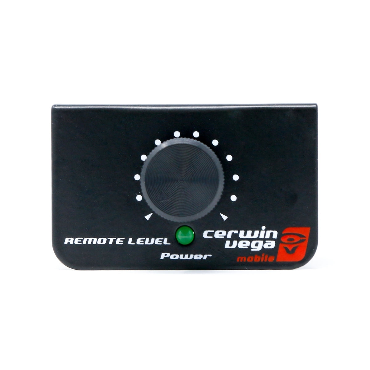 The black rectangular bass control knob for the Cerwin Vega Mobile integrates smoothly with your CVP2500.5D setup. Featuring a central dial encircled by white level dots and 
