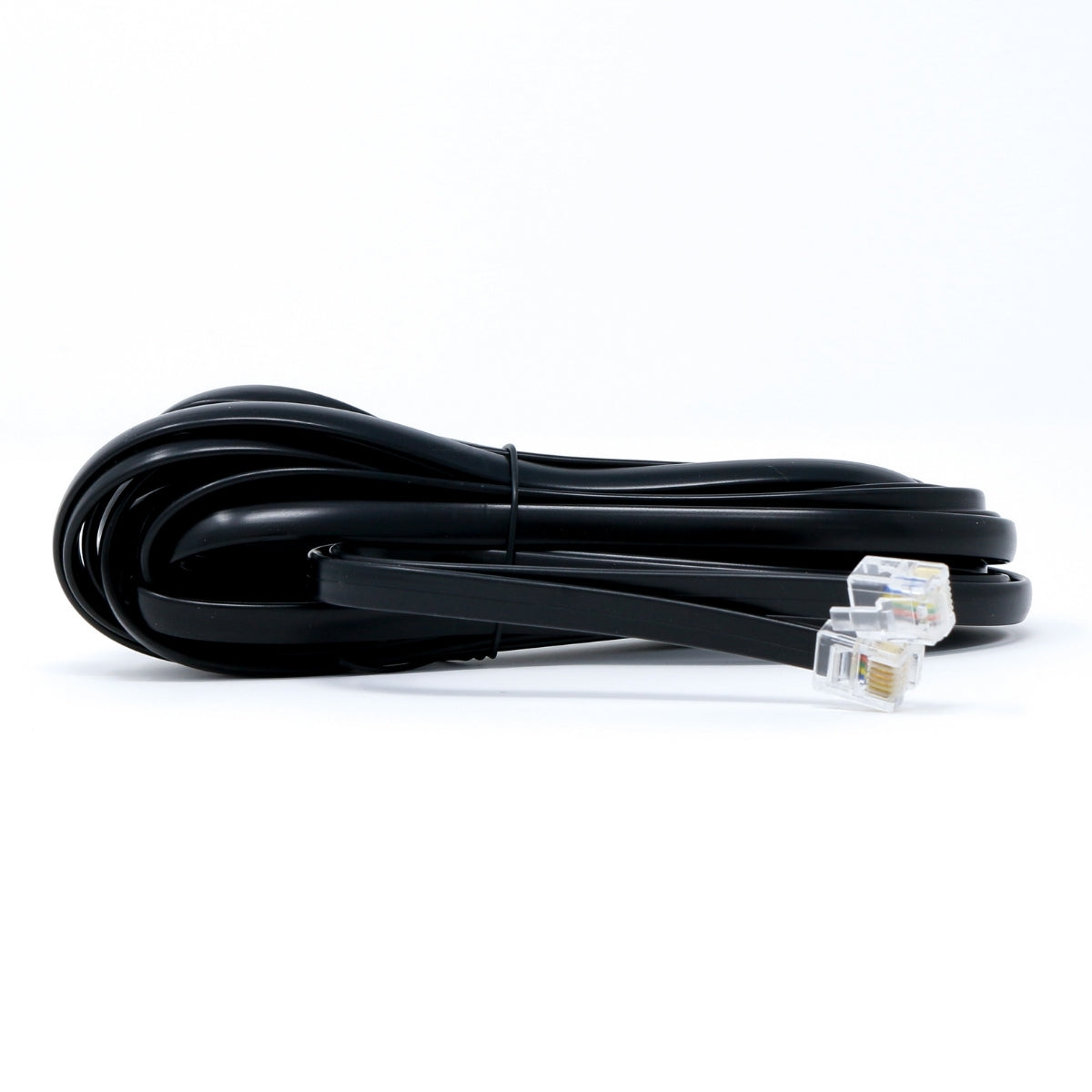 A coiled black telephone cable with RJ11 connectors on both ends, set against a plain white background, mirrors the precision of the Cerwin-Vega CVP2500.5D Amplifier’s bass control. The translucent connectors reveal internal wiring, akin to unveiling extreme bass power.
