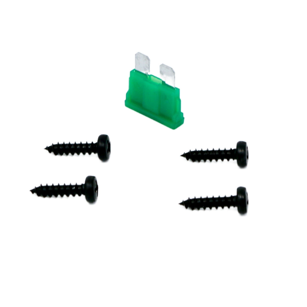 Four black screws, arranged in an inverted V-shape on a white background, point inward toward a green mini blade fuse with metal prongs. This precise arrangement mirrors the meticulous design of the Cerwin-Vega 2 Channel Bridgeable Class AB Amplifier - CVP800.2D.