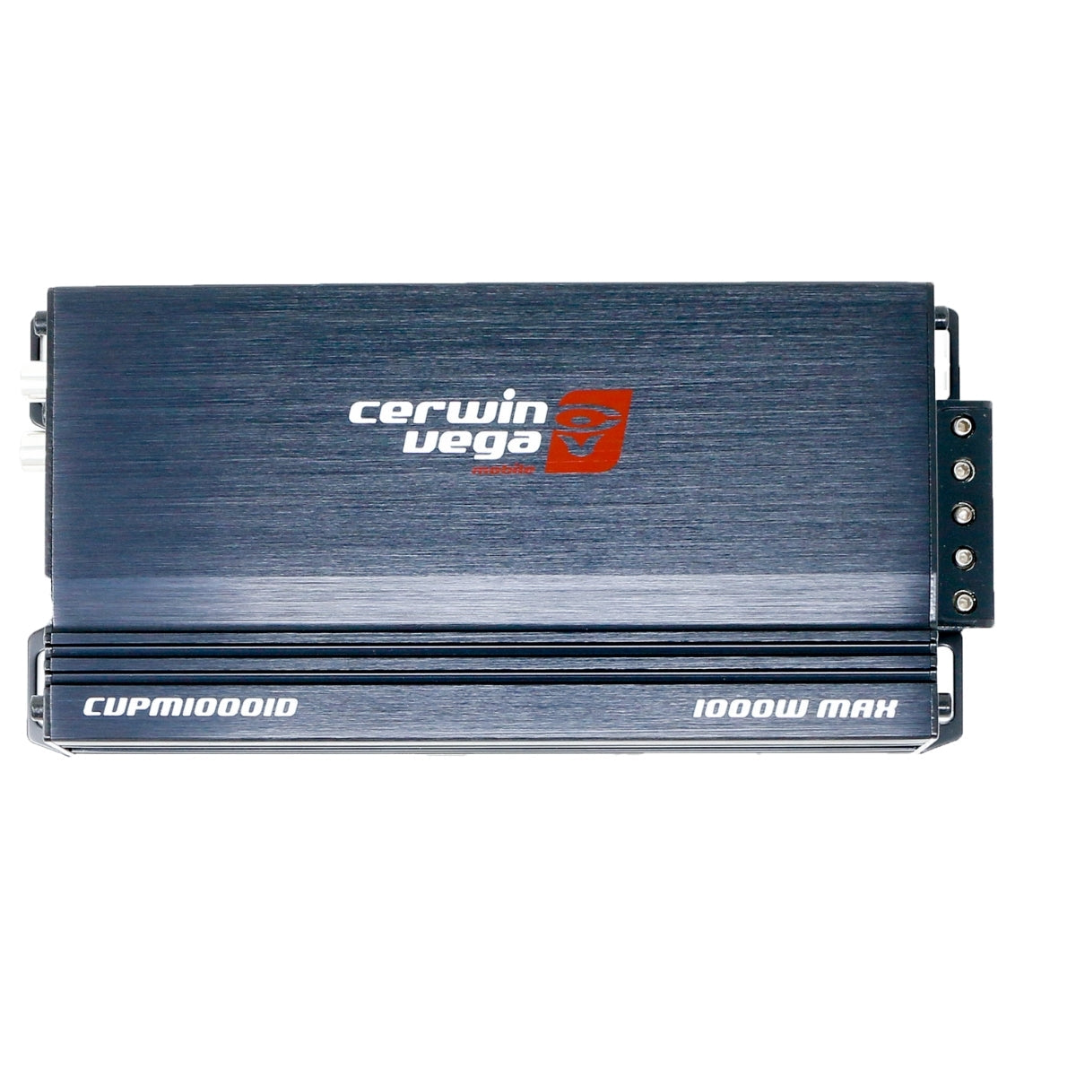 Image of a Cerwin Vega CVPM Mini-Series 1-Channel Mono Block Class-D Amplifier. This CVPM1000.1D Class-D amplifier is rectangular with a sleek dark gray finish, featuring 