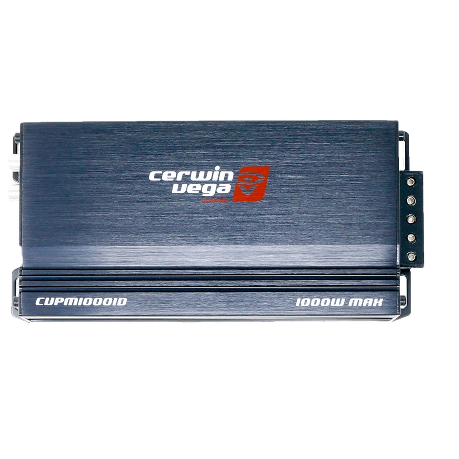 A sleek, black CVPM amplifier with Cerwin Vega's white and red logo on top features the model number 