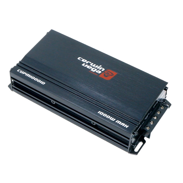 The CVPM Amplifiers have a sleek black design featuring white text "Cerwin Vega," "1000W MAX," and "CXPM1000D." It includes side ports for connectivity and is compact and rectangular, perfect for enhancing vehicle sound systems.