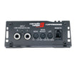 The black CVPM Mini-Series 1-Channel Mono Block Class-D Amplifier (CVPM1000.1D) features two audio input jacks, a sensitivity adjustment, bass boost knob, low-pass filter dial, and remote connector with labels 
