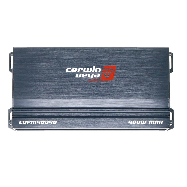 The black Cerwin-Vega CVPM Mini-Series 4-Channel Class-D Amplifier, model CVPM400.4D, features a brushed metal finish with "480W MAX" displayed. It has red and white top branding and integrated side mounting brackets for easy installation.