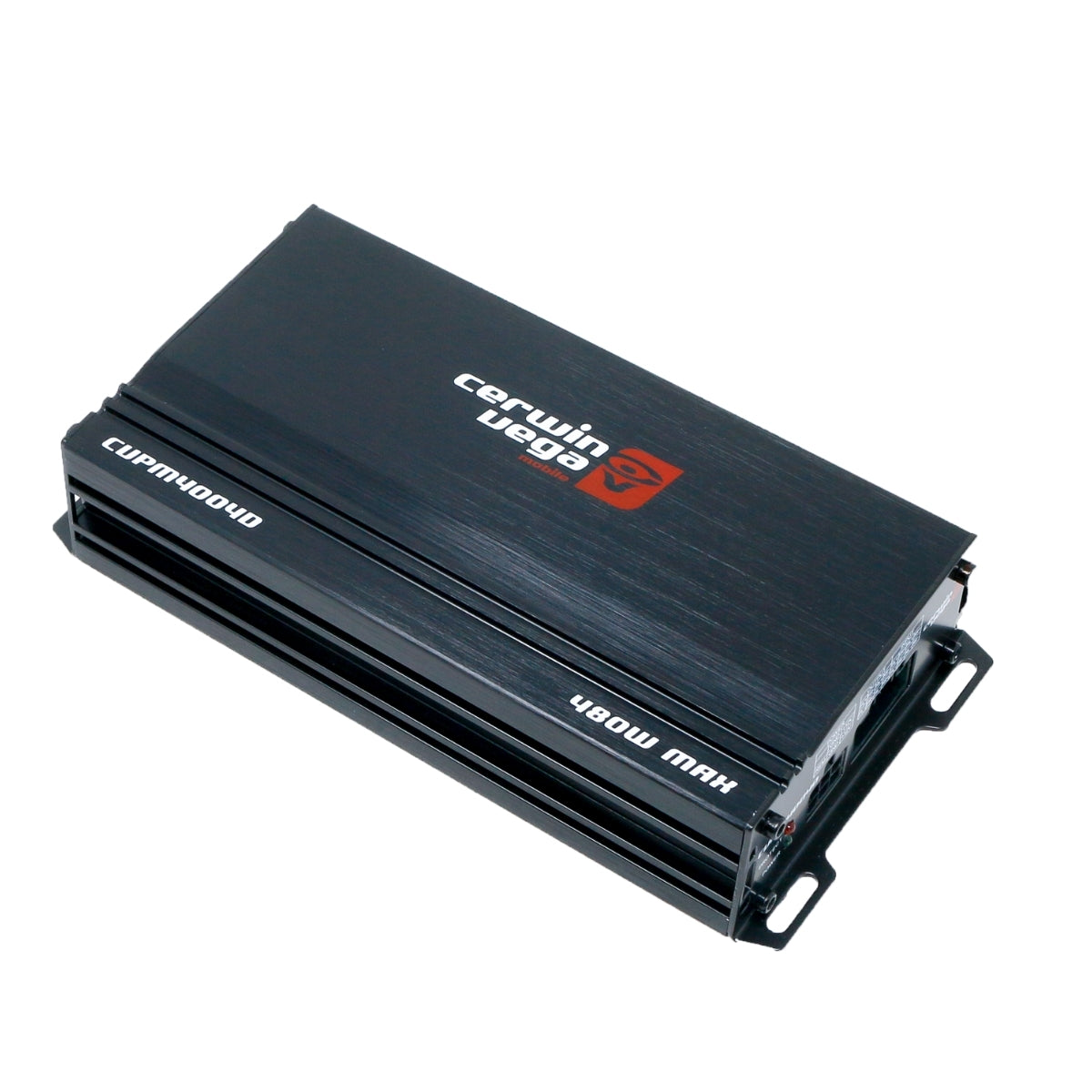 The CVPM Mini-Series 4-Channel Full Range Class-D Amplifier (CVPM400.4D) is shown in black with a sleek, rectangular design. It has ridged sides, sports the iconic Cerwin-Vega logo in red and white, and features input/output ports on one side for versatile connectivity.