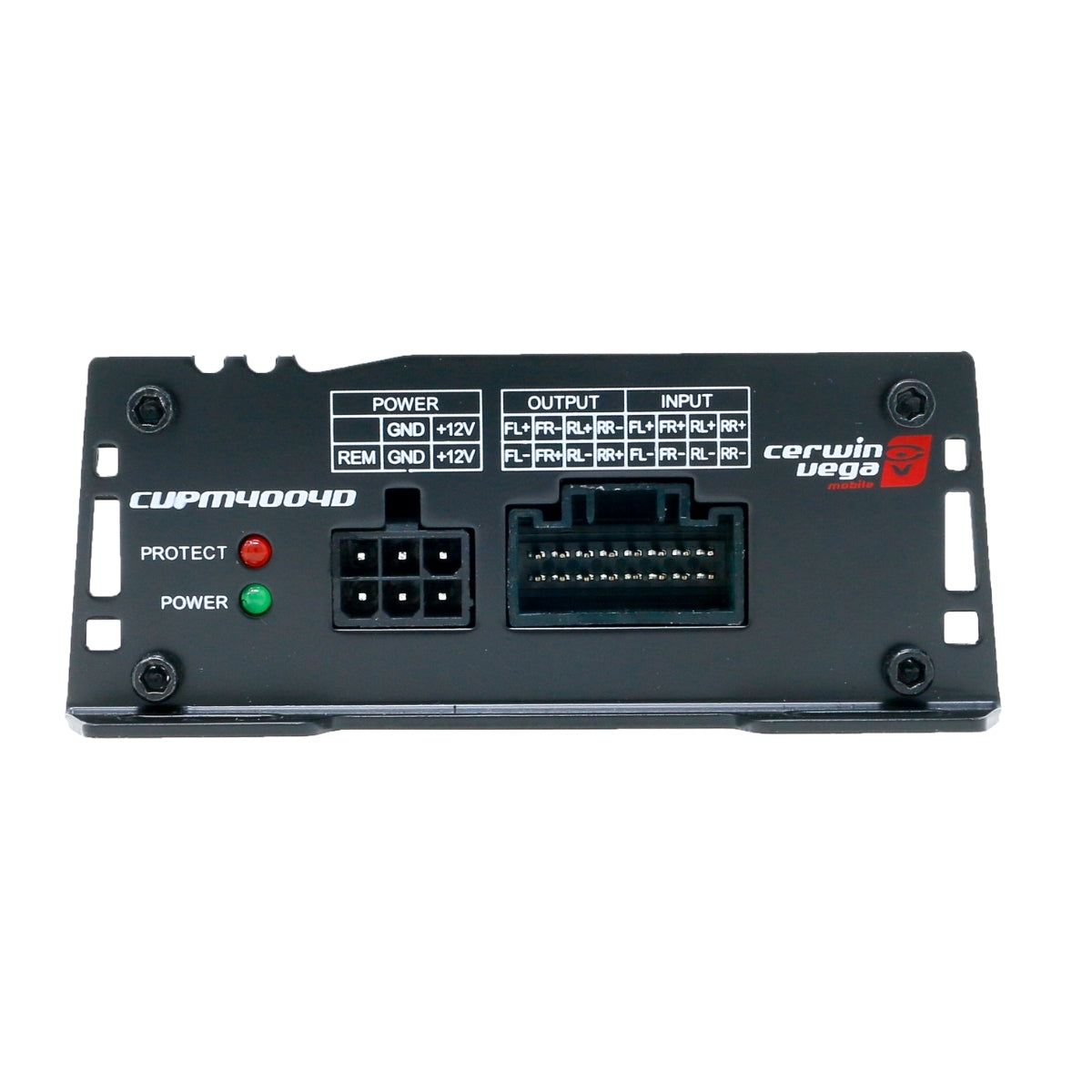 Here's an image of a CVPM Amplifiers terminal panel, model CUPM4000D, showing connectors for power, output, and input. Labeled ports include GND, +12V, REM for power; FL+, FL-, FR+, FR- for output/input. 