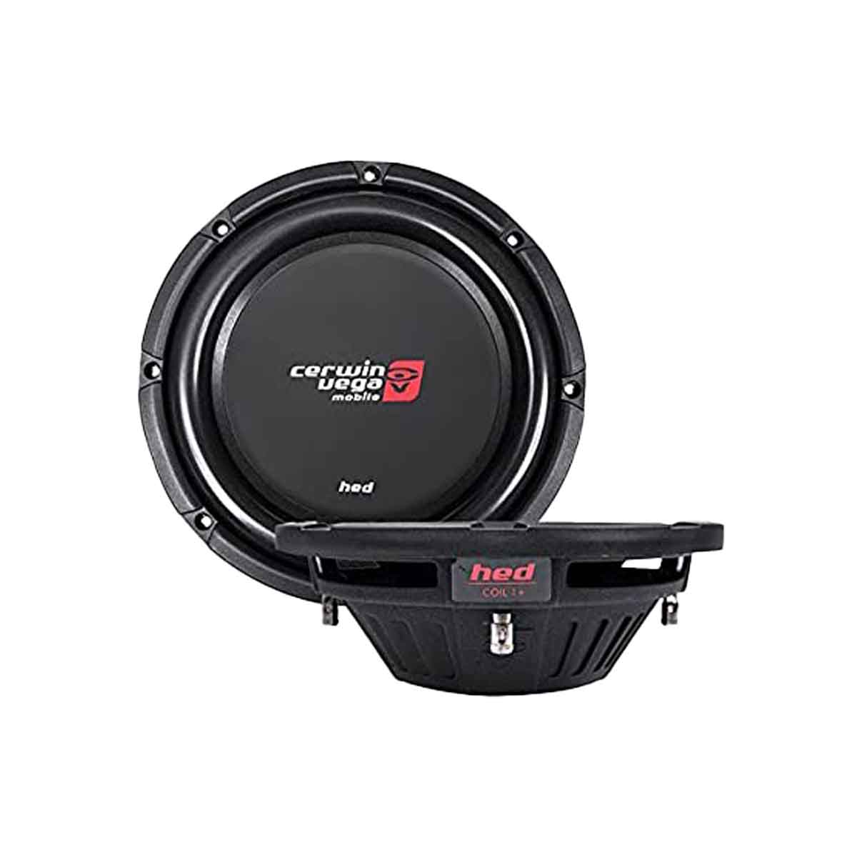 A round black car subwoofer from the HED Series by Cerwin Vega Mobile, featuring 