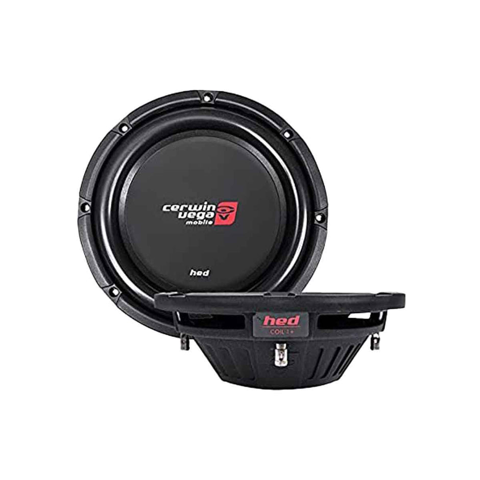 A round black car subwoofer from the HED Series by Cerwin Vega Mobile, featuring 