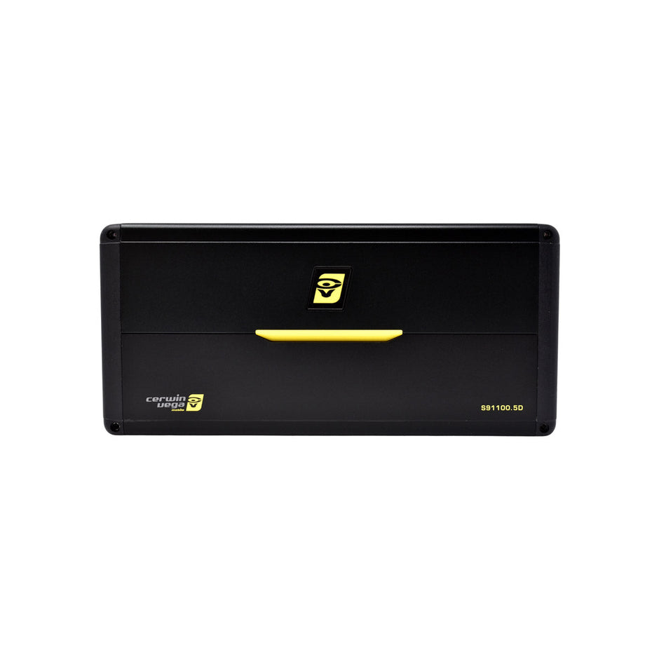 The Stroker Amplifier is a black rectangular car audio amplifier with a central yellow handle. It features a logo with a stylized 