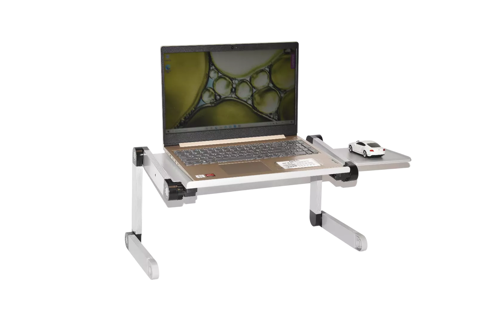Adjustable Laptop Table Stand with Cooling Fan, Foldable Standing Desk & Non-Slip Mousepad (Silver)