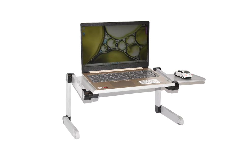 Adjustable Laptop Table Stand with Cooling Fan, Foldable Standing Desk & Non-Slip Mousepad (Silver)