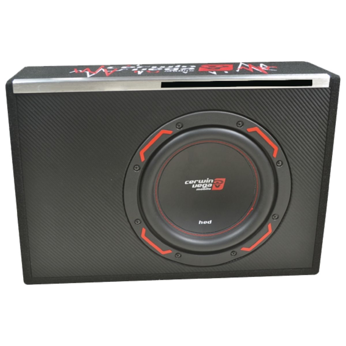 The HED Subwoofer Enclosure by Cerwin Vega is a black subwoofer with a textured carbon fiber pattern, featuring a central large circular speaker accented with red. The sleek box design includes metallic trim on top and white graphics, including waveforms, along the upper edge.