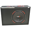 The HED Subwoofer Enclosure by Cerwin Vega is a black subwoofer with a textured carbon fiber pattern, featuring a central large circular speaker accented with red. The sleek box design includes metallic trim on top and white graphics, including waveforms, along the upper edge.