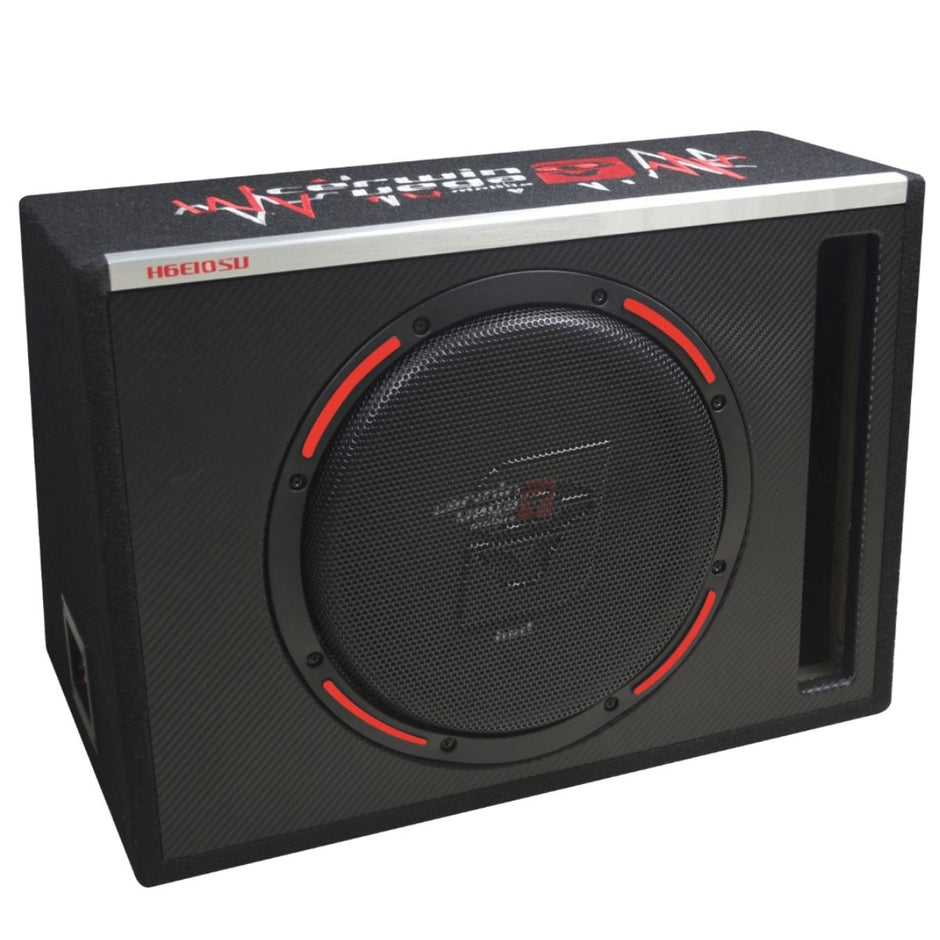 The HED Subwoofer Enclosures feature a sleek, modern design with a black textured finish. A central round speaker is highlighted by a red ring and side port. Red and white branding with the logo on top completes the look.