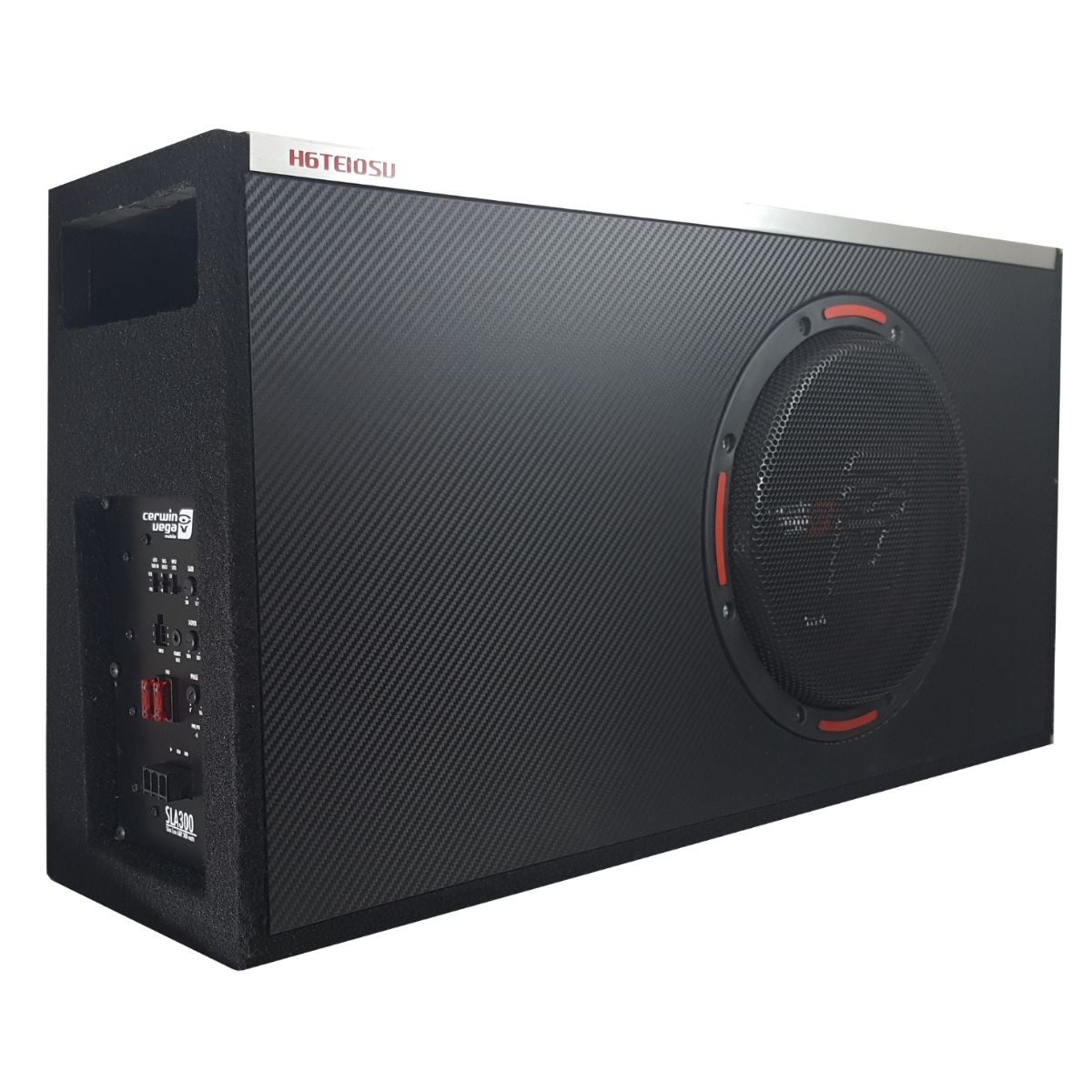 The HED Powered Subwoofer Enclosure is rectangular and black with a textured surface. It has a circular speaker on the right, red accents, and control knobs labeled 
