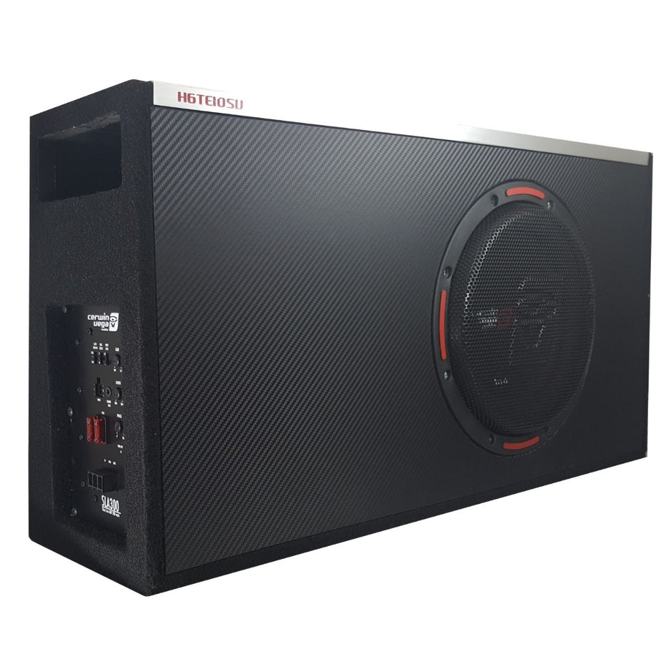 The HED Powered Subwoofer Enclosure is rectangular and black with a textured surface. It has a circular speaker on the right, red accents, and control knobs labeled 