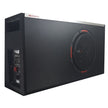The HED Powered Subwoofer Enclosure is rectangular and black with a textured surface. It has a circular speaker on the right, red accents, and control knobs labeled 