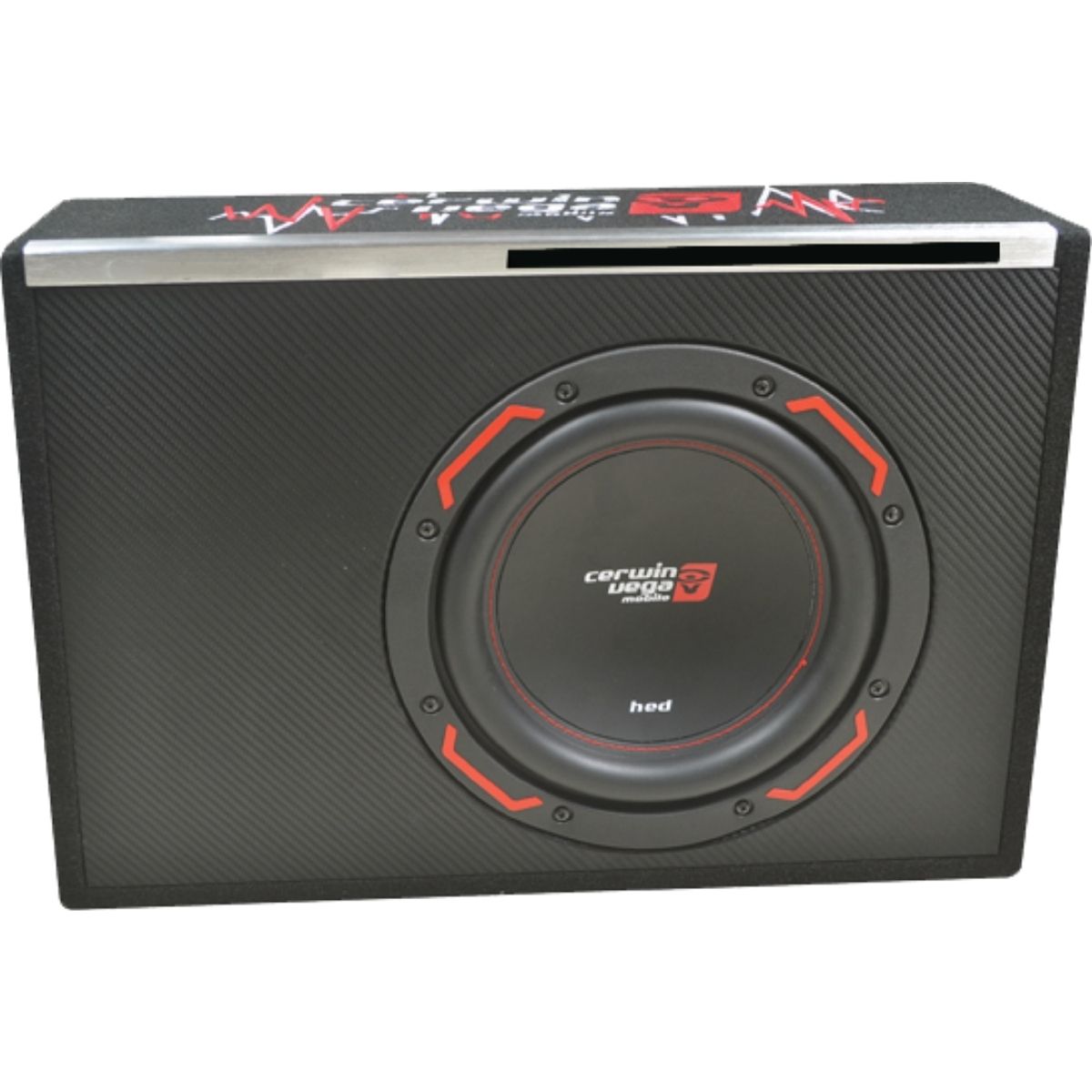 The HED Powered Subwoofer Enclosure features a black speaker box with a red and black subwoofer. It's labeled 
