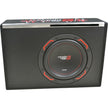 The HED Powered Subwoofer Enclosure features a black speaker box with a red and black subwoofer. It's labeled 