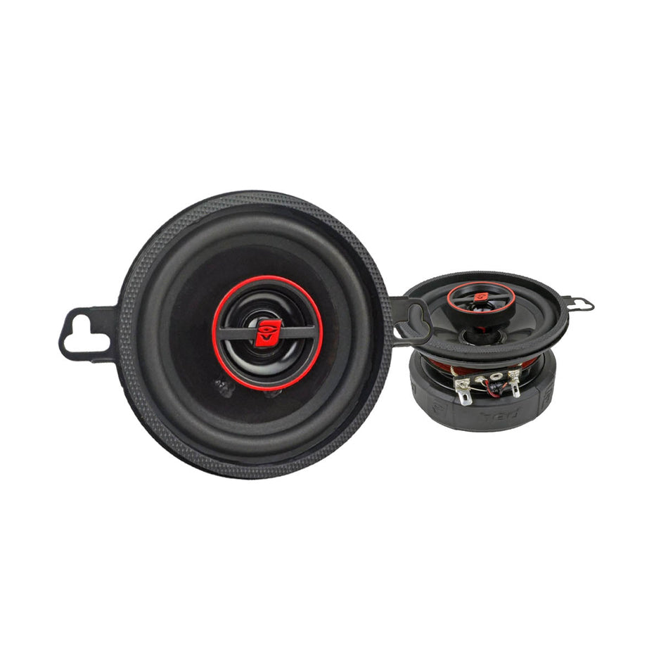 Two black HED Coaxial speakers with red accents and logo designs are shown. One stands upright, displaying its cone and grille, while the other is on its side, showing rear wiring connectors. Both feature a sleek, modern design set against a white background.