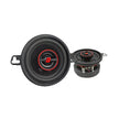 Two black HED Coaxial speakers with red accents and logo designs are shown. One stands upright, displaying its cone and grille, while the other is on its side, showing rear wiring connectors. Both feature a sleek, modern design set against a white background.