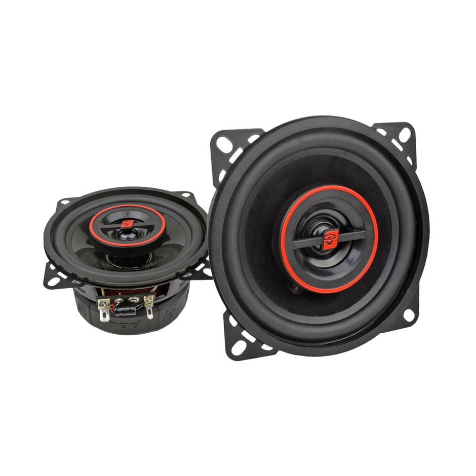 Two HED Coaxial speakers with circular designs are displayed. The front speaker has a red-accented center and logo, while the side view shows wiring terminals and a mounted base. Both feature mounting brackets with four evenly spaced holes against a plain white background.