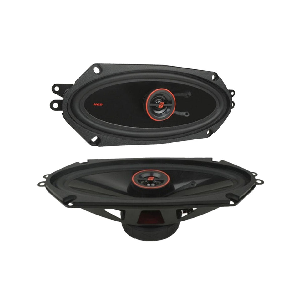 The image features two black HED Coaxial oval car speakers. From the top view, they showcase a sleek design with a central tweeter and red accents. The bottom view reveals the cone and back structure, optimized for superior sound quality and easy installation.