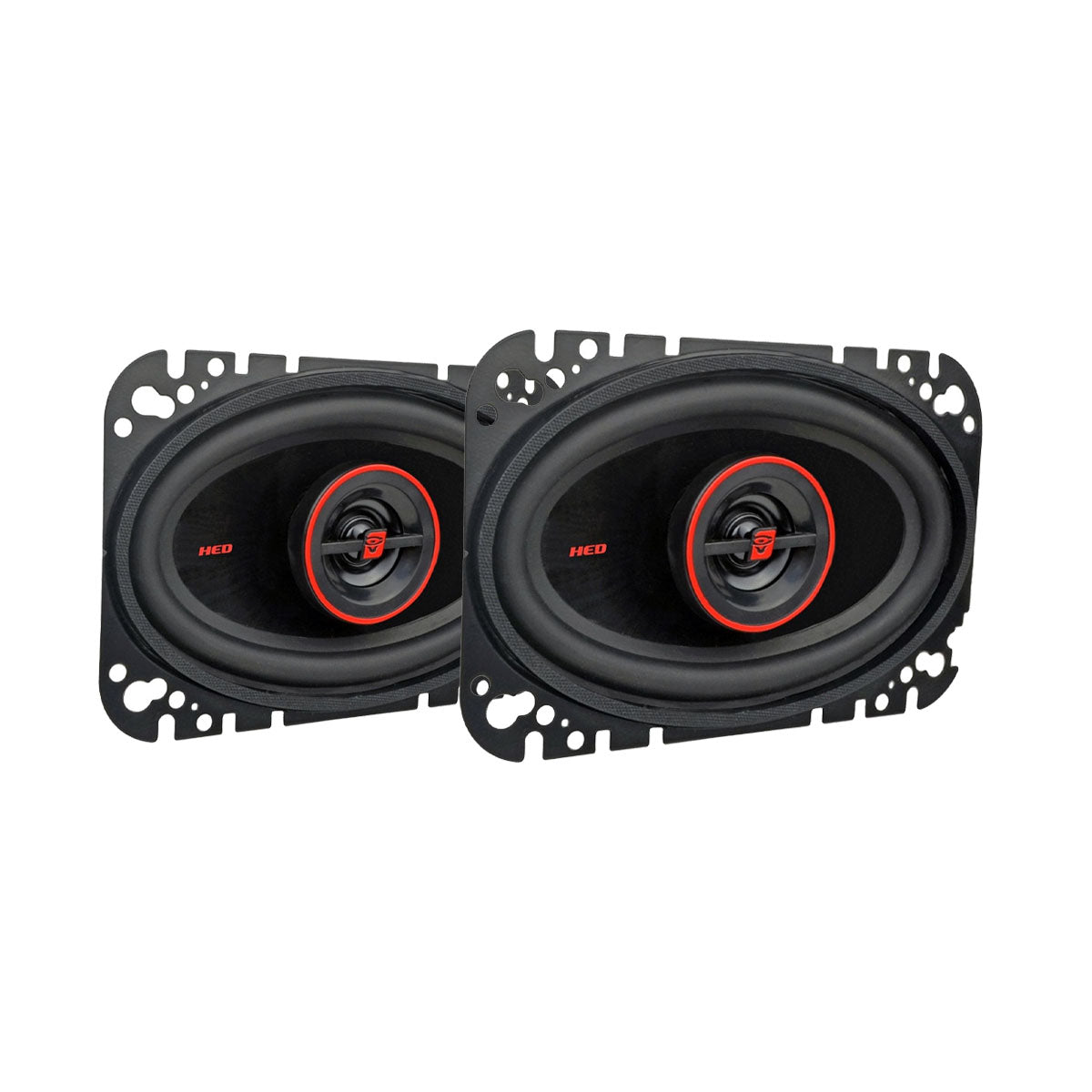 Oval HED Coaxial car speakers feature black frames with red accents around the central cone. 