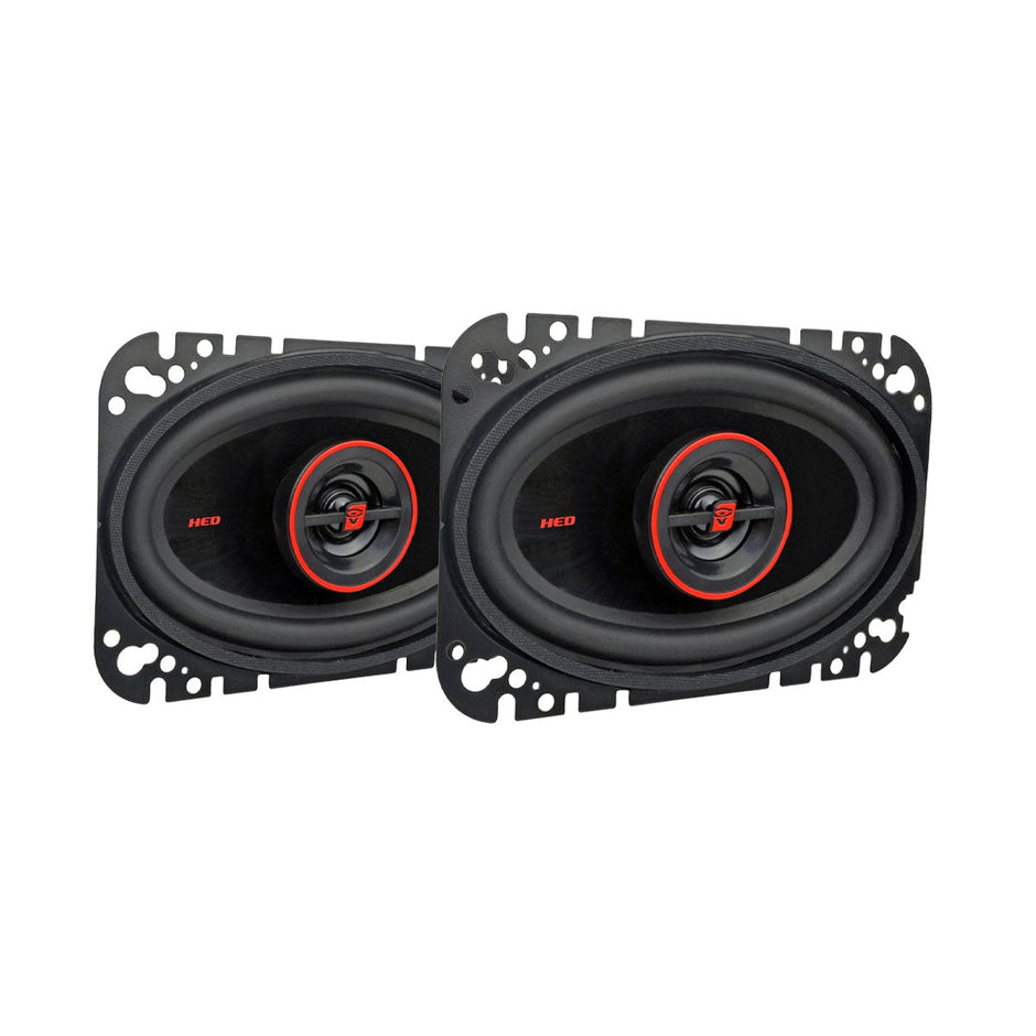Oval HED Coaxial car speakers feature black frames with red accents around the central cone. 