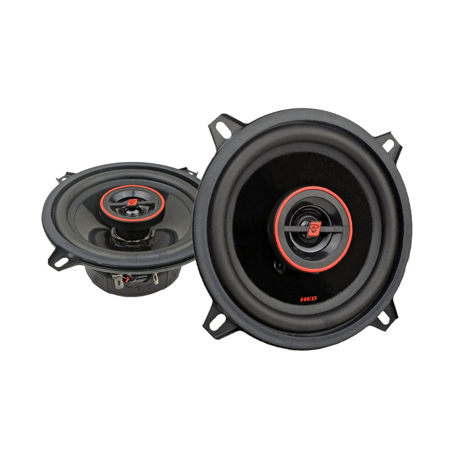 Two round black HED Coaxial car audio speakers have red and black accents. One is tilted, showcasing a side view with a visible magnet. The central cone drivers display 