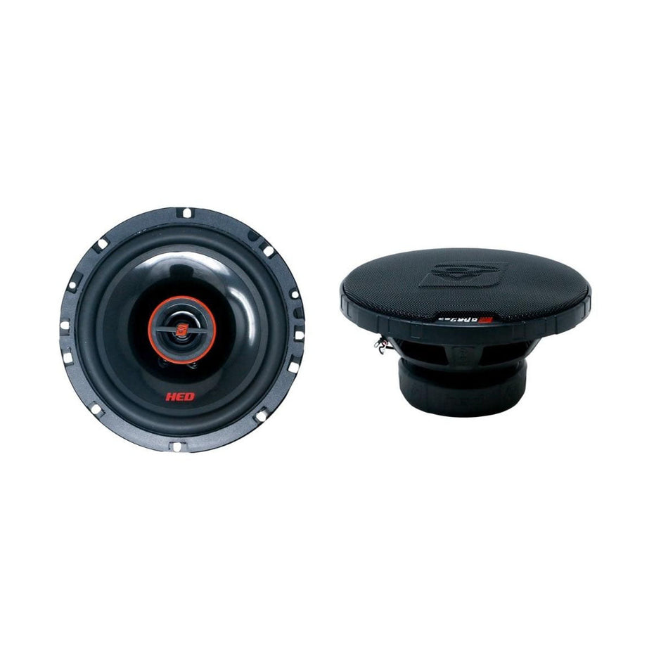 Close-up of HED Coaxial car audio speakers on a white background: left speaker features a black cone with red ring and 
