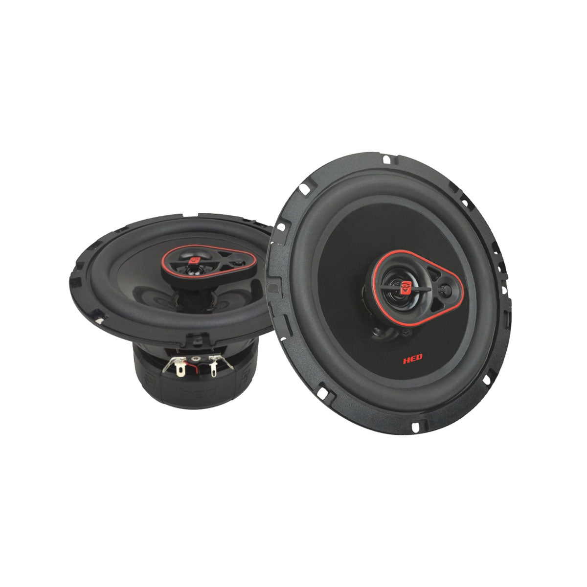 Two HED Coaxial speakers are featured. One stands upright, highlighting a tweeter and circular design with red accents; the other is tilted to reveal its wiring connectors. Both speakers boast a sleek, modern look with exposed black cones and distinctive red detailing.