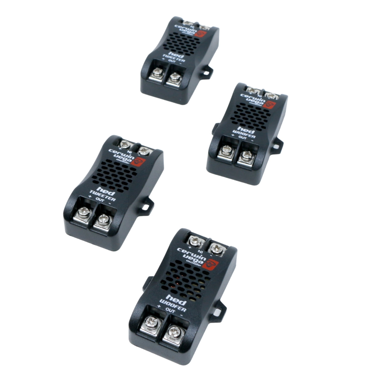 Four black electrical connectors with two metal screw terminals resemble components from the HED Series 6.5