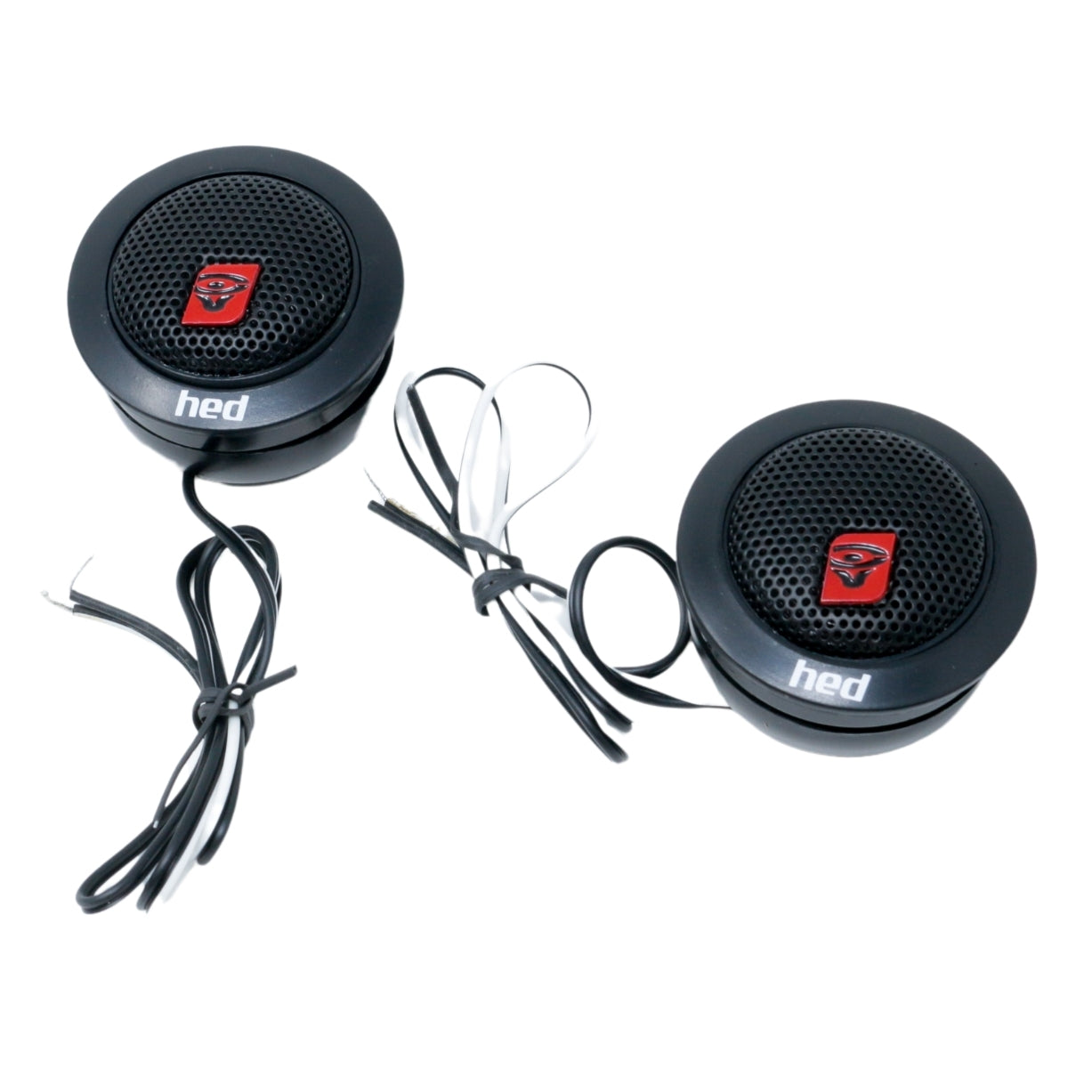 Two small, round black HED Series H765C speakers with perforated grilles and a red emblem on top display 