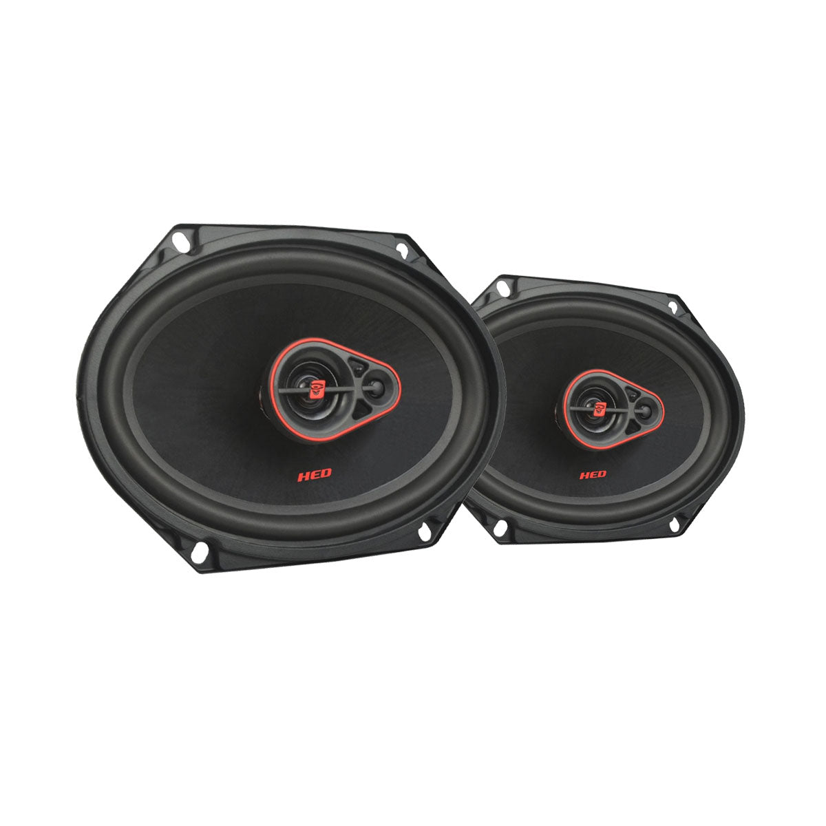 Two oval black HED Coaxial speakers with a central red and black dome; the larger is on the left. Both have 
