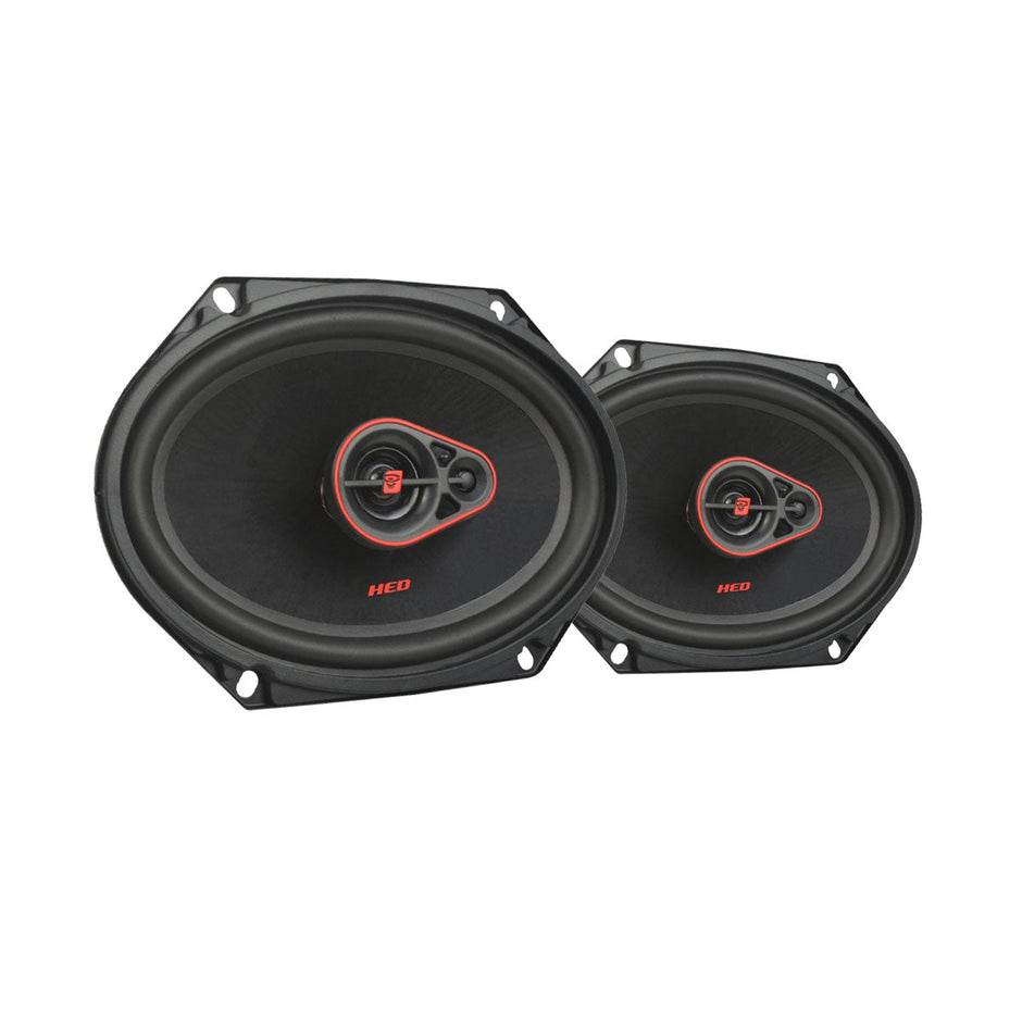 Two oval black HED Coaxial speakers with a central red and black dome; the larger is on the left. Both have 