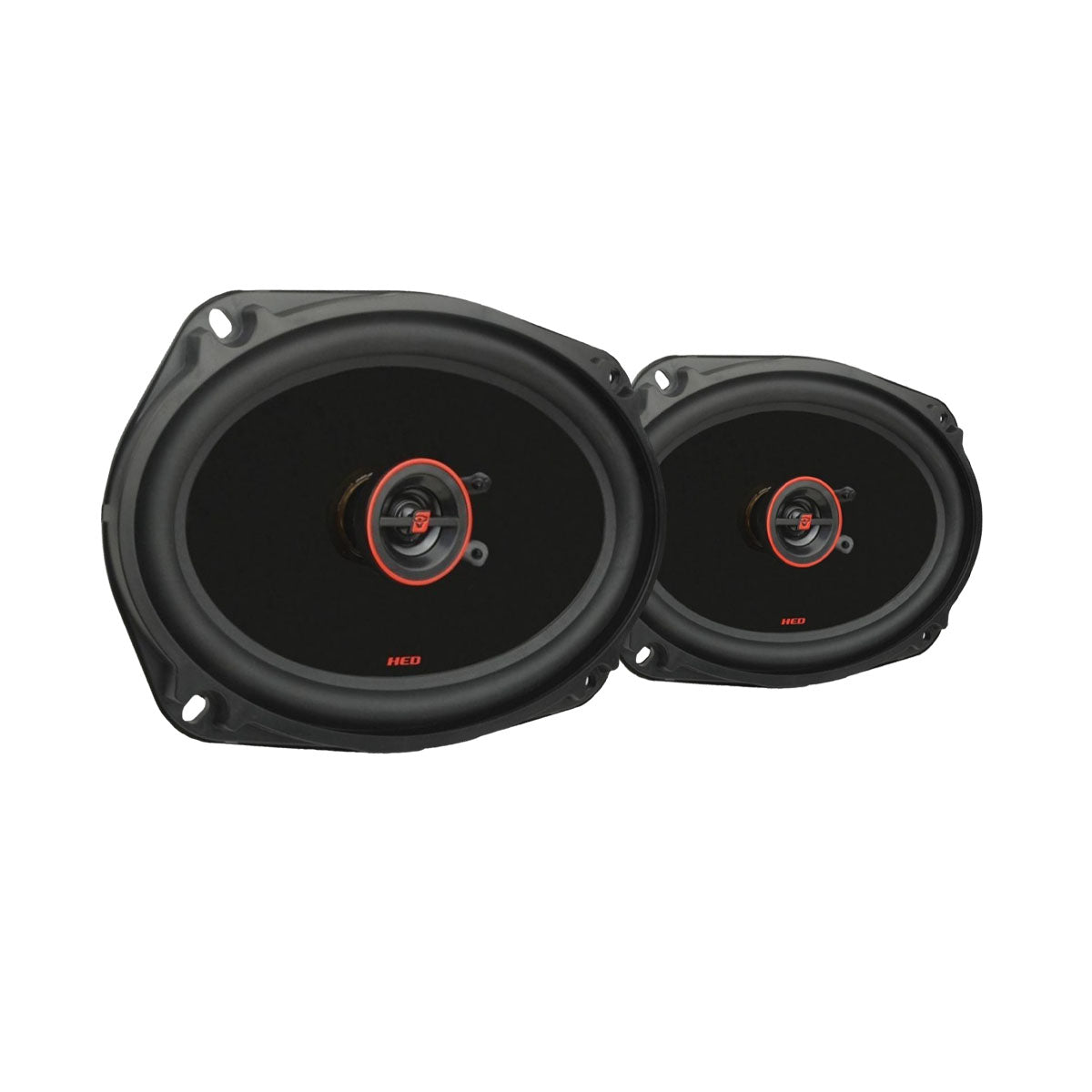Two oval HED Coaxial speakers, one smaller and positioned in front of the larger, both in black with red accents. Each has a circular central component featuring 