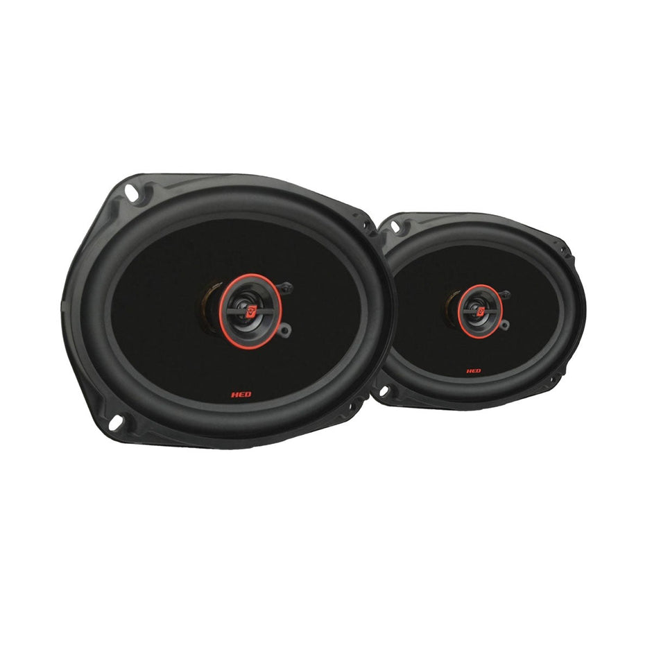 Two oval HED Coaxial speakers, one smaller and positioned in front of the larger, both in black with red accents. Each has a circular central component featuring 