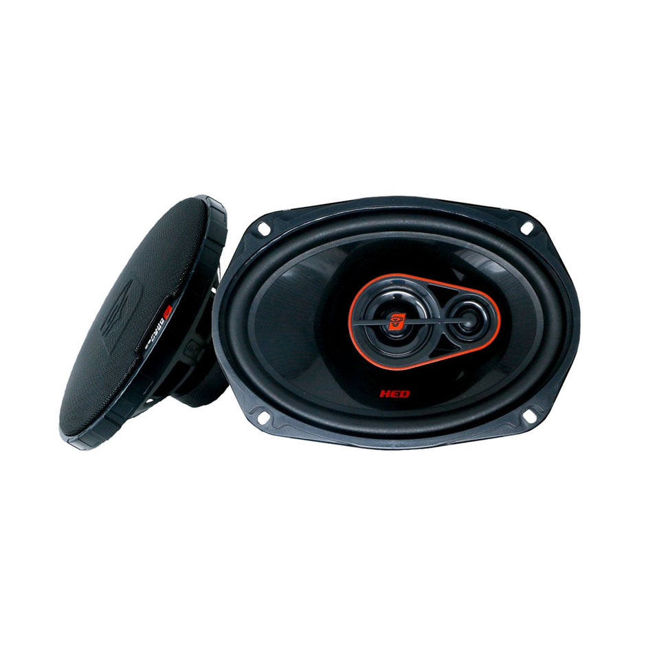 Two black oval HED Coaxial car speakers with red 